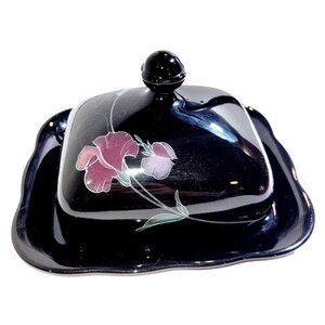 Vintage 90's Mikasa Rondo Tango Black Butter Dish with Floral Lid Design